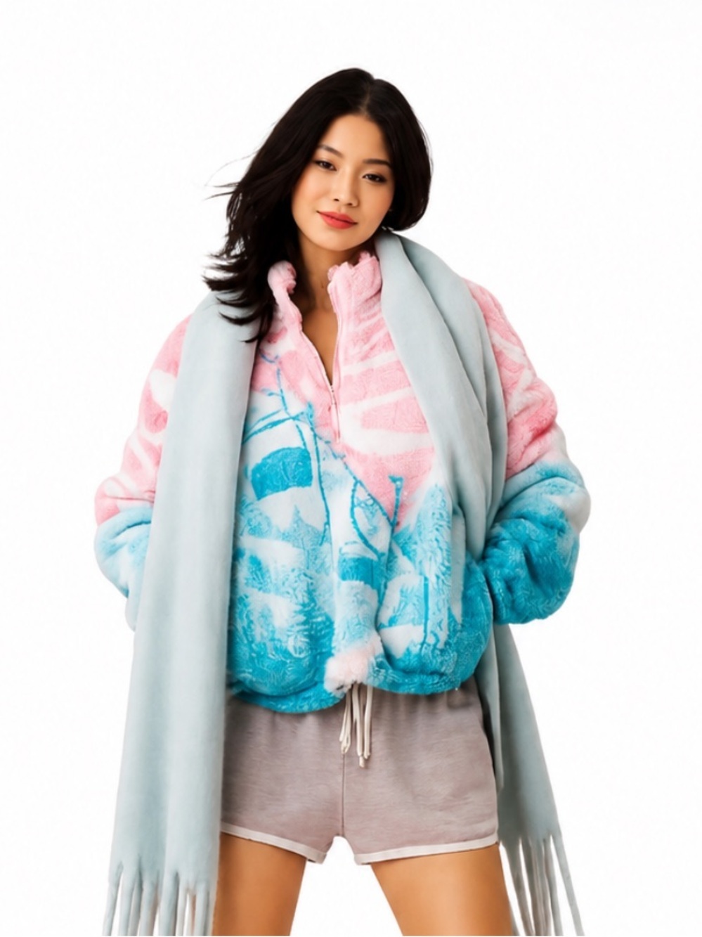 Beach Riot Leona Slopes Sherpa 1/4 Zip Pullover Pink Blue Ski Print Small EUC! - Picture 2 of 10